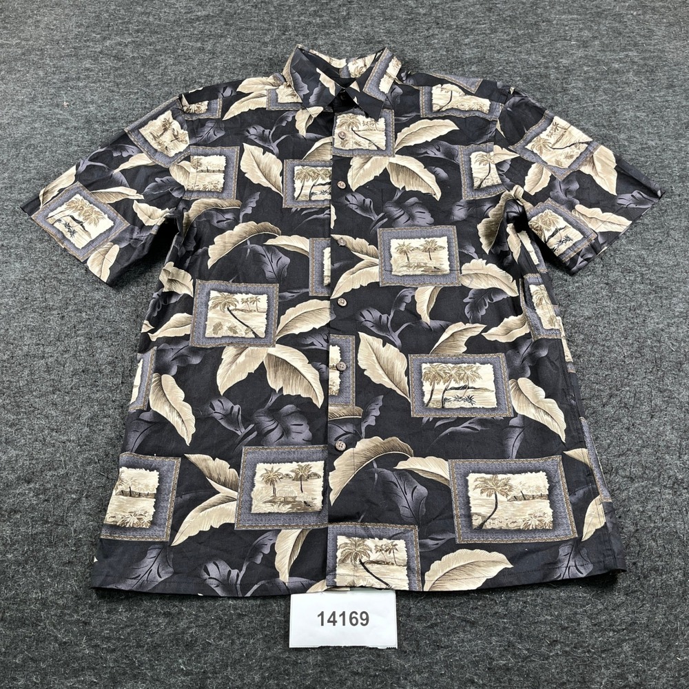 Palm Trees and Postcards Button Up Shirt Mens S Black Tropical Beach Excellent